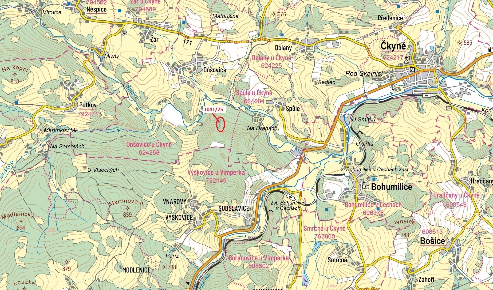 Lesní pozemek o výměře 2082 m2, podíl 1/1, katastrální území Onšovice u Čkyně, obec Čkyně, obec s ro