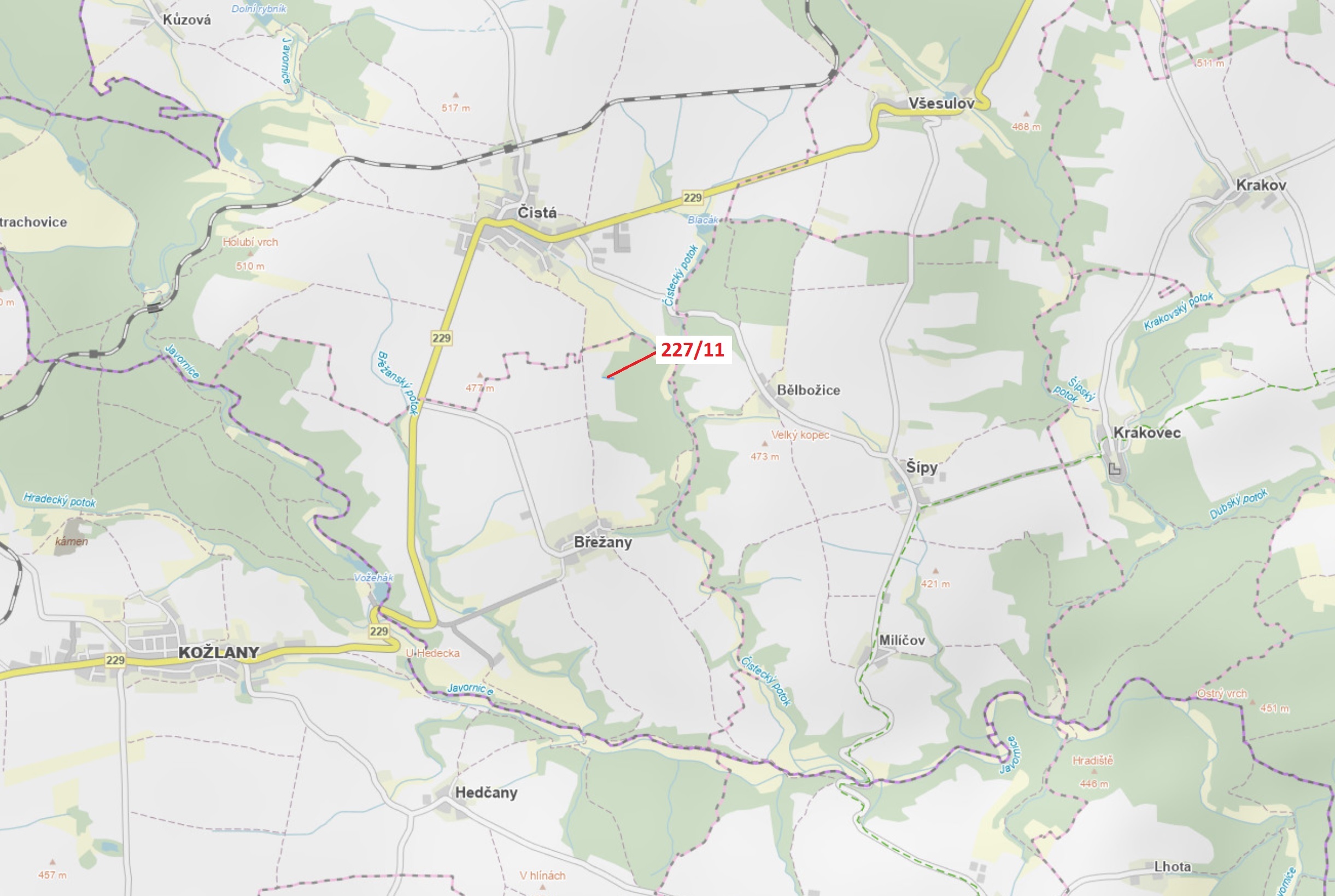 Lesní pozemek o výměře 883 m2, podíl 1/1, katastrální území Břežany u Rakovníka, obec Břežany, obec 