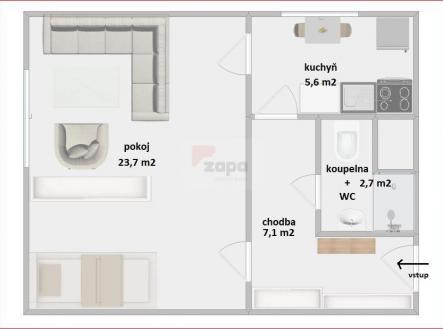 plánek bytu s popisky a rozměry.jpg | Prodej bytu, 1+1, 42 m²