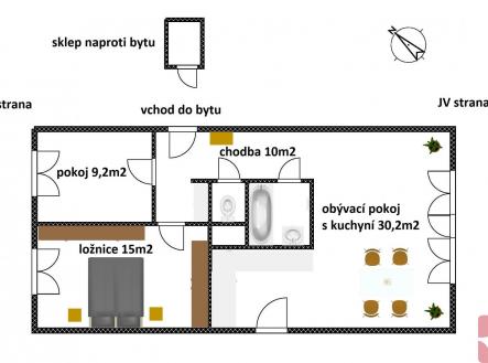 Přímětická, 3kk půdorys | Pronájem bytu, 3+kk, 68 m²