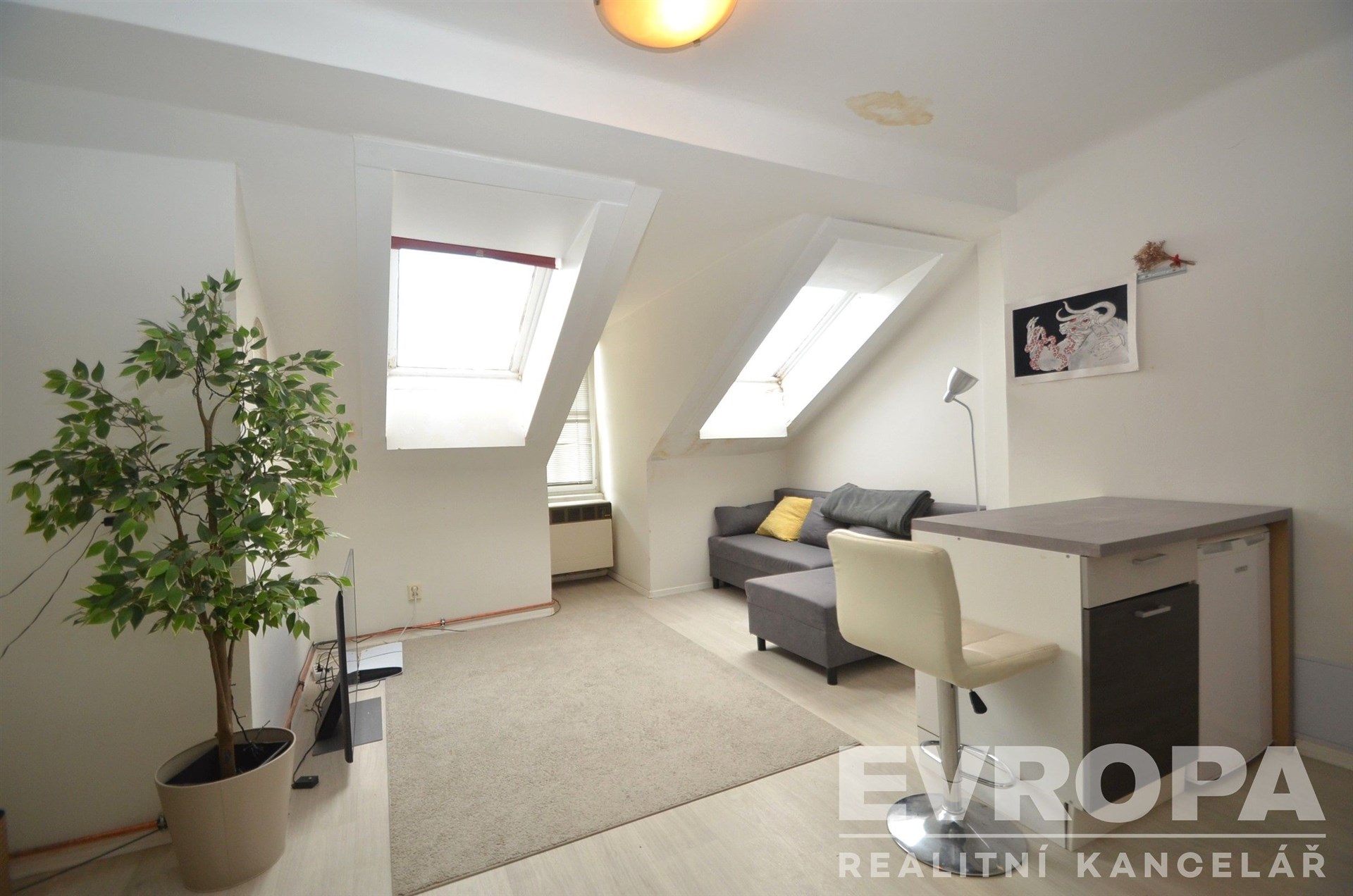 Podkrovní obývací pokoj s moderním nábytkem, světlou laminátovou podlahou a velkými střešními okny poskytujícími dostatek přirozeného světla.