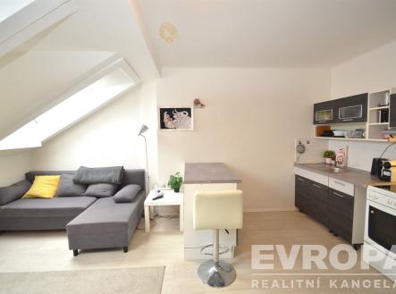 Moderní obývací pokoj s kuchyňským koutem, světlá podlaha, velká střešní okna, stylové tmavé kuchyňské skříňky, útulný prostor podkroví. | Pronájem bytu, 2+kk, 49 m²