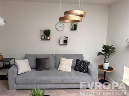 Světlý obývací pokoj s parketovou podlahou, moderní pohovkou a stylovým osvětlením, doplněn dekorativními prvky a rostlinami. | Pronájem bytu, 2+kk, 44 m²