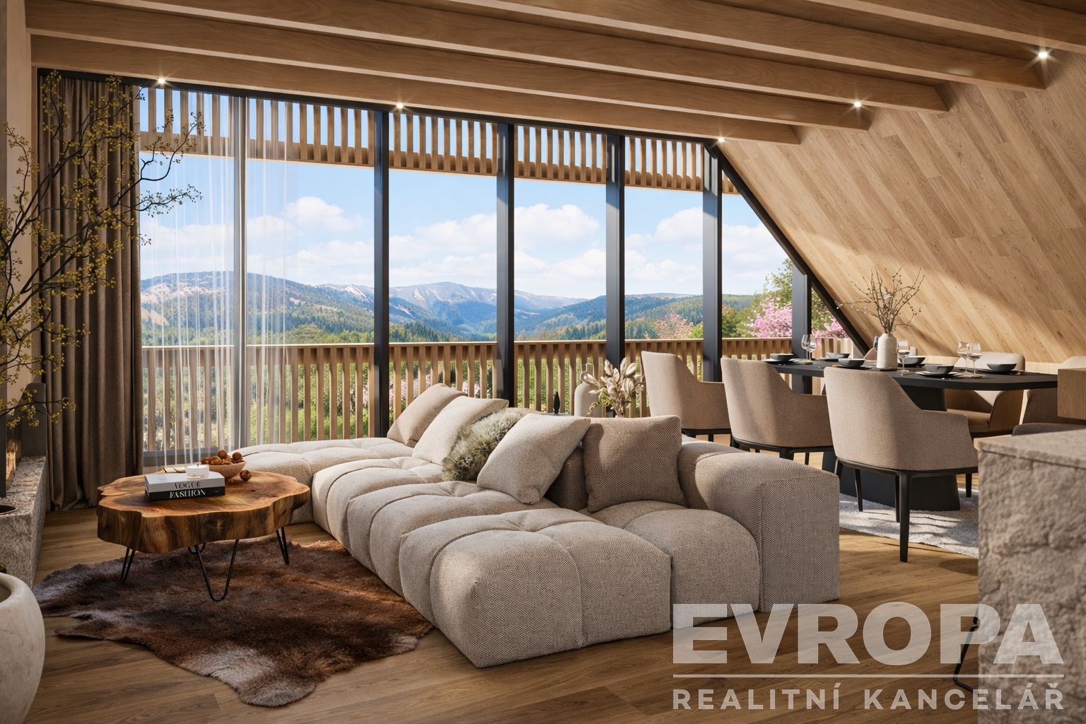 Prostorný obývací pokoj s moderním designem, dřevěným obložením a velkými okny nabízejícími panoramatický výhled na hory, parketová podlaha, světlý interiér.