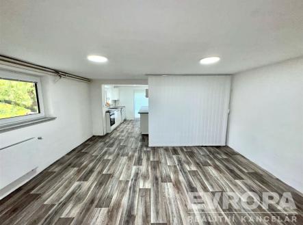 Světlý obývací pokoj s moderní vinylovou podlahou a velkým oknem, propojený s kuchyní, nabízí prostorný a vzdušný interiér. | Pronájem bytu, 1+kk, 54 m²