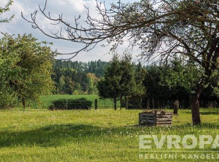 Rozlehlá zahrada s ovocnými stromy a dřevěnou lavičkou, klidné přírodní prostředí, ideální pro relaxaci a zahradnické aktivity | Prodej - pozemek pro bydlení, 9 302 m²