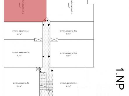 půdorys jednotky | Prodej bytu, 1+1, 44 m²