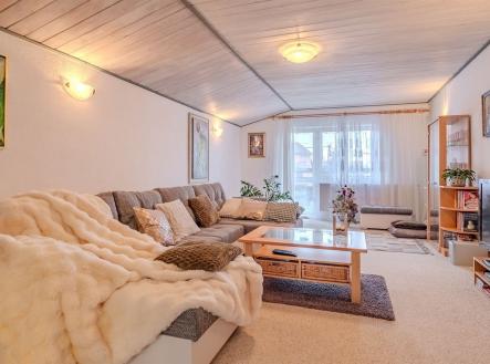 Prostorný obývací pokoj, světlý interiér s velkými okny, dřevěný strop, moderní dekorace, pohodlná sedací souprava, koberec na zemi. | Prodej - dům/vila, 230 m²
