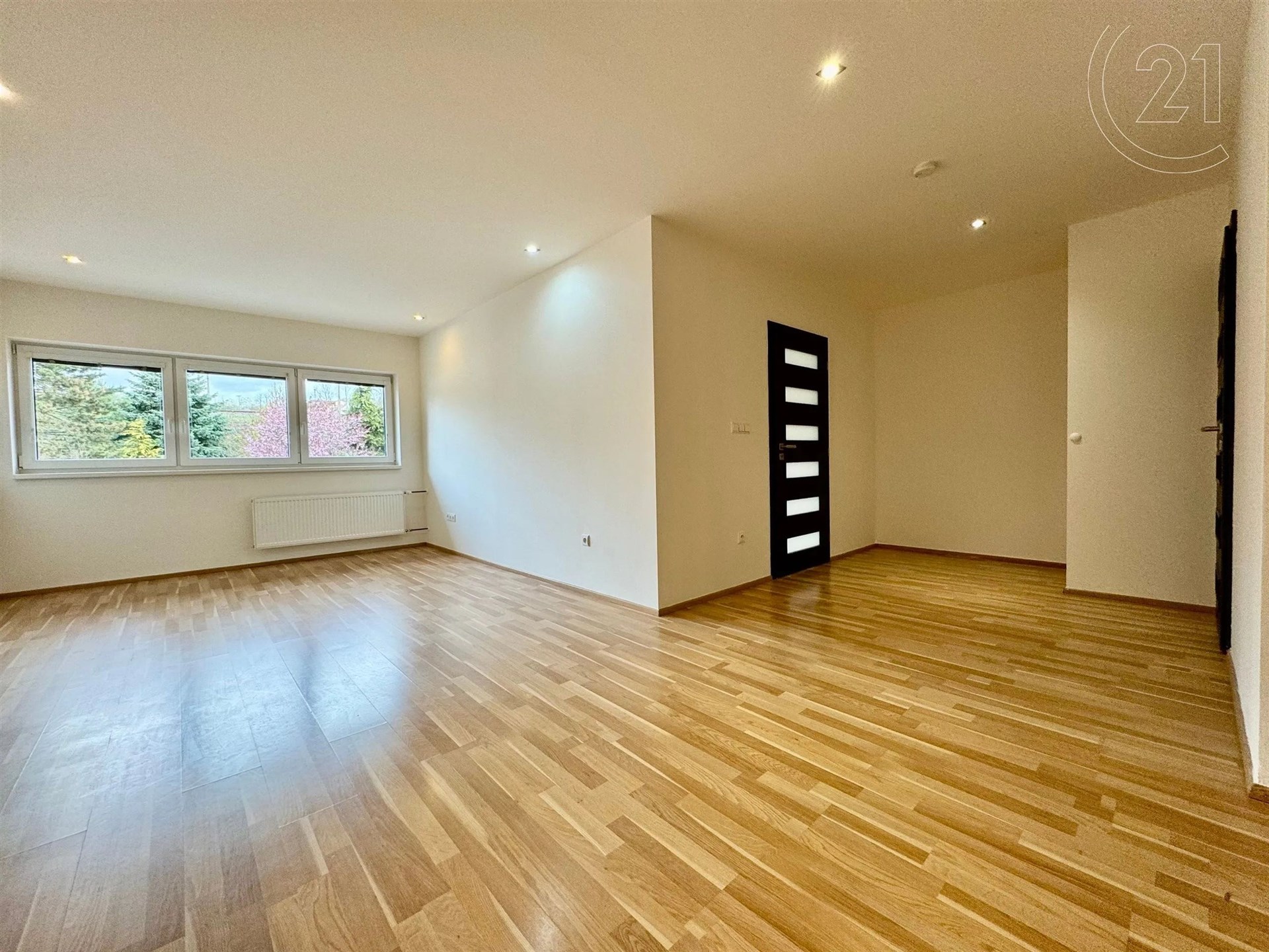 prázdná místnost s dřevěná podlaha, přirozené světlo, a radiátor