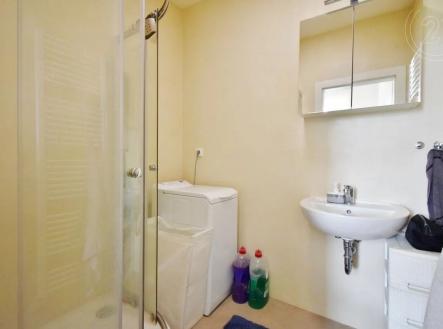 vana s přirozené světlo, zrcadlo, sprcha, pračka / sušička, a dřez | Pronájem bytu, 2+kk, 42 m²