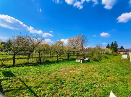 Prázdná zahrada s udržovaným trávníkem a ovocnými stromy, ideální pro zahradničení. Klidné okolí poskytuje soukromí a relaxaci. | Prodej - pozemek pro bydlení, 1 057 m²