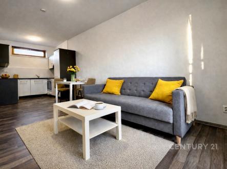 Světlý obývací pokoj s moderní sedačkou, parketovou podlahou a velkými okny, propojený s kuchyní v elegantním stylu. | Pronájem bytu, 2+kk, 48 m²