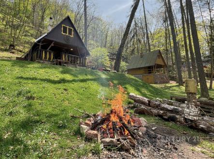 Dřevěná chata s terasou, obklopená lesem, ve svažitém terénu. V popředí je ohniště, ideální pro rekreaci a útěk do přírody. | Prodej - chata/rekreační objekt, 34 m²