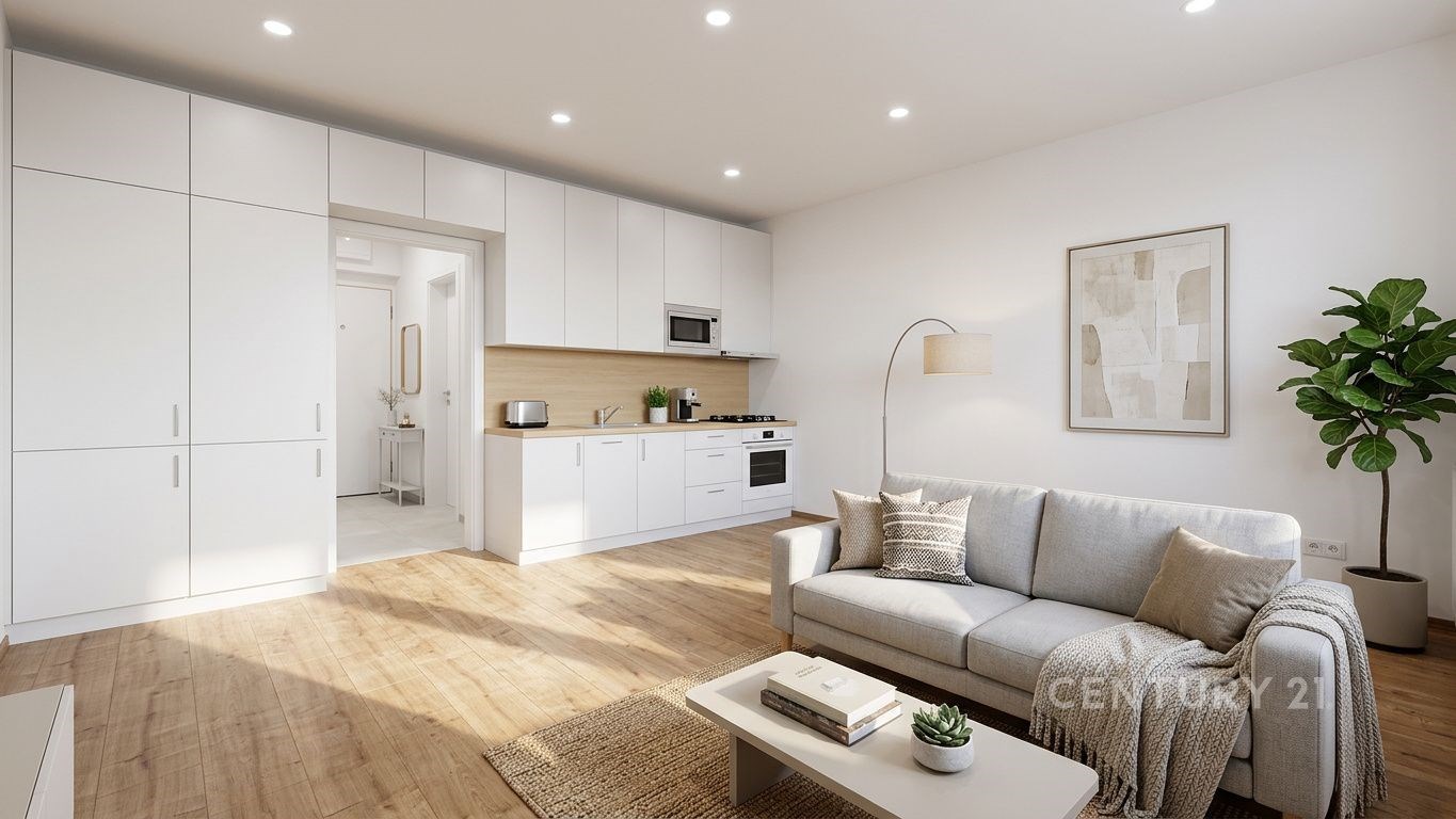 Světlý obývací pokoj s moderní kuchyní, parketová podlaha a vestavěné skříně, elegantně zařízený a rekonstruovaný interiér.