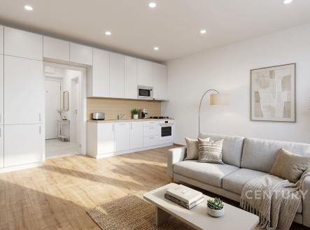 Světlý obývací pokoj s moderní kuchyní, parketová podlaha a vestavěné skříně, elegantně zařízený a rekonstruovaný interiér. | Pronájem bytu, 1+kk, 34 m²