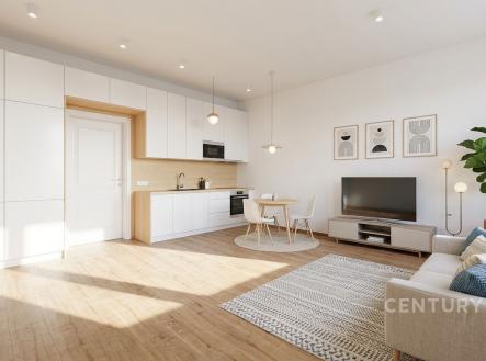 Světlý obývací pokoj s moderní kuchyní, parketová podlaha, velká okna, minimalistický design, světlé stěny a stylový nábytek. | Pronájem bytu, 1+kk, 34 m²