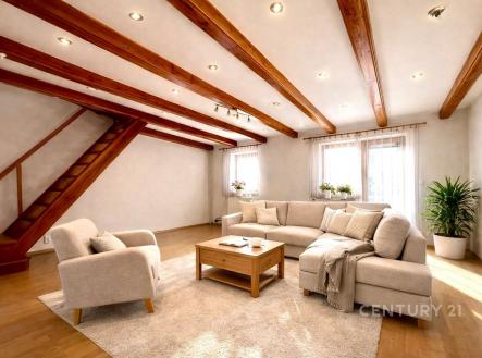 Prostorný obývací pokoj s parketovou podlahou, velkými okny a dřevěnými trámy na stropě, moderní a světlý interiér. | Pronájem - dům/vila, 135 m²