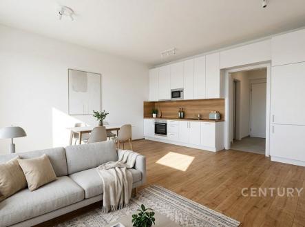 Světlý obývací pokoj s moderní kuchyní, dřevěnou podlahou a velkými okny, nabízí minimalistický design a vestavěné skříně. | Pronájem bytu, 1+kk, 34 m²