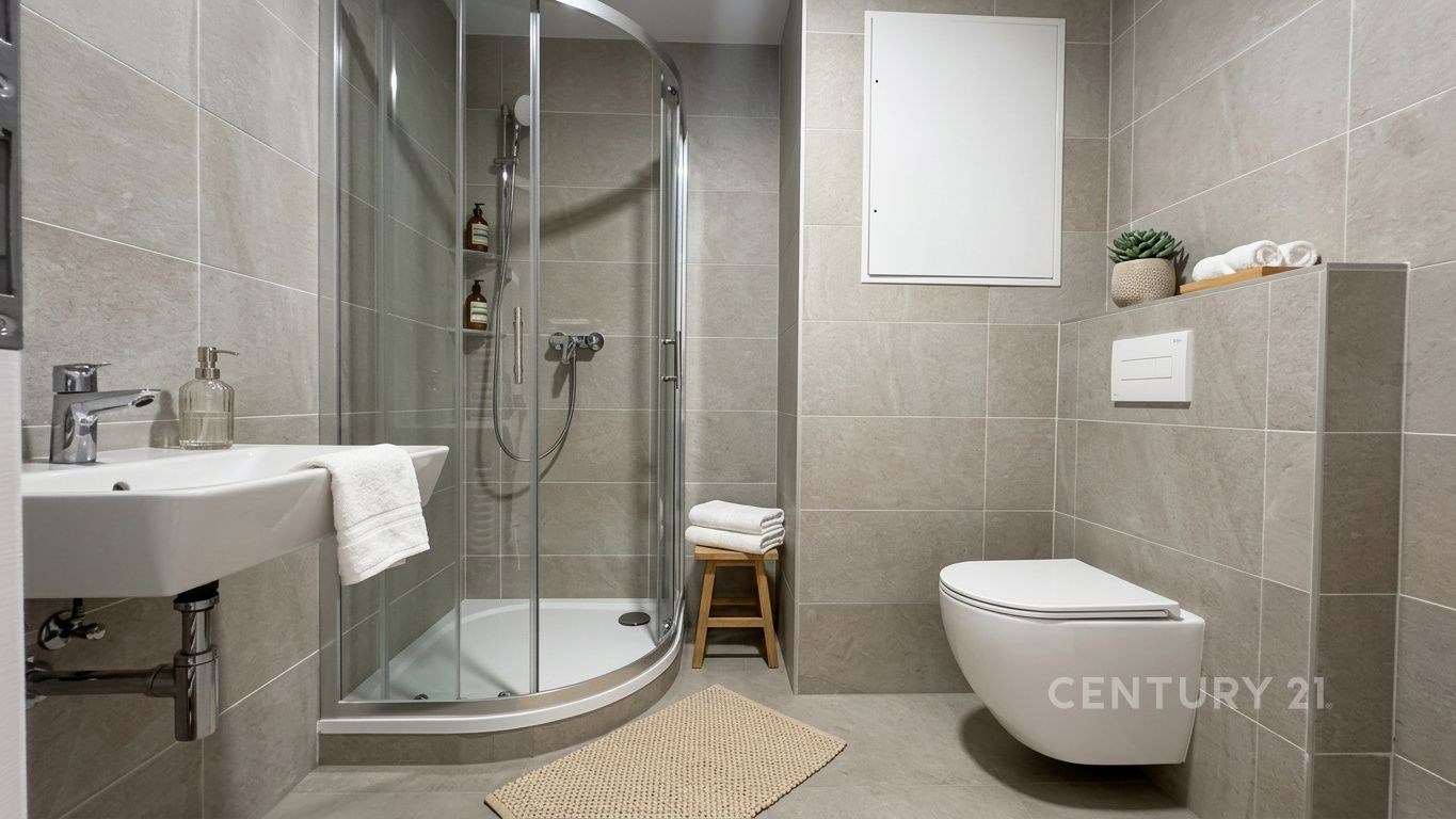 Moderní koupelna s dlažbou, sprchovým koutem a závěsnou toaletou, elegantní design a světlé provedení nabízejí komfort a styl.