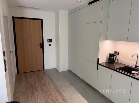 Vstupní hala s moderní kuchyňskou linkou, parketová podlaha, vestavěné skříně a světlé povrchy vytvářejí stylový a funkční prostor. | Prodej bytu, 1+kk, 24 m²