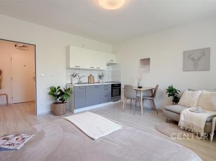 Světlý obývací pokoj s moderní kuchyní, parketová podlaha, velká okna, světlý nábytek, útulná atmosféra. | Prodej bytu, 1+kk, 32 m²