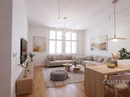 Světlý obývací pokoj s parketovou podlahou, velká okna, moderní dřevěný nábytek, stylové dekorace, útulný a elegantní design. | Prodej bytu, 4+kk, 104 m²