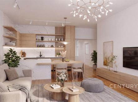 Moderní obývací pokoj s parketovou podlahou, vestavěnými skříněmi a světlým dekorativním osvětlením, propojený s elegantní kuchyní. | Prodej bytu, 4+kk, 104 m²