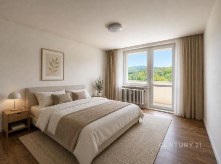 Prostorná ložnice s dřevěnou podlahou a velkými okny, moderní design s neutrálními barvami, výhled na přírodu a dostatek denního světla. | Pronájem bytu, 3+kk, 62 m²