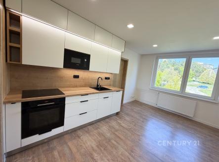 Moderní kuchyň, parketová podlaha, vestavěné spotřebiče, světlý prostor, velká okna nabízejí výhled do zeleně | Pronájem bytu, 3+kk, 62 m²