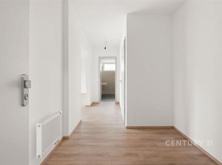 Světlá chodba s parketovou podlahou, bílými stěnami a novými dveřmi, vedoucí do moderní koupelny s velkým oknem. | Pronájem bytu, 2+kk, 54 m²