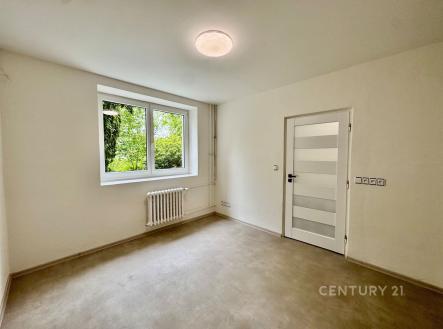 Světlý pokoj s moderními dveřmi, velkými okny a parketovou podlahou, ideální pro rekonstrukci nebo jako dětský pokoj. | Pronájem bytu, 1+1, 48 m²