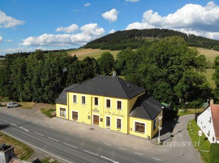 Žlutá budova s prostornou okolní krajinou, nachází se u hlavní silnice. Okolí tvoří les a pole, moderní stavba s okny v přírodním prostředí. | Prodej - hotel, 350 m²