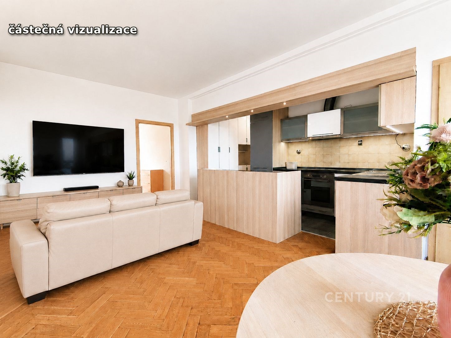 Obývací pokoj s parketovou podlahou, moderní kuchyňský kout, světlý interiér, velká okna, kvalitní dřevěné povrchy, prostorný design.
