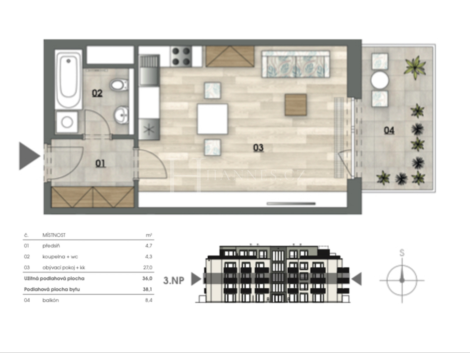 Pěkný byt 1+kk - 36m² + balkón 8,4m² + sklep 3m² v zeleni, projekt Inspirace nad Rokytkou, 2022 