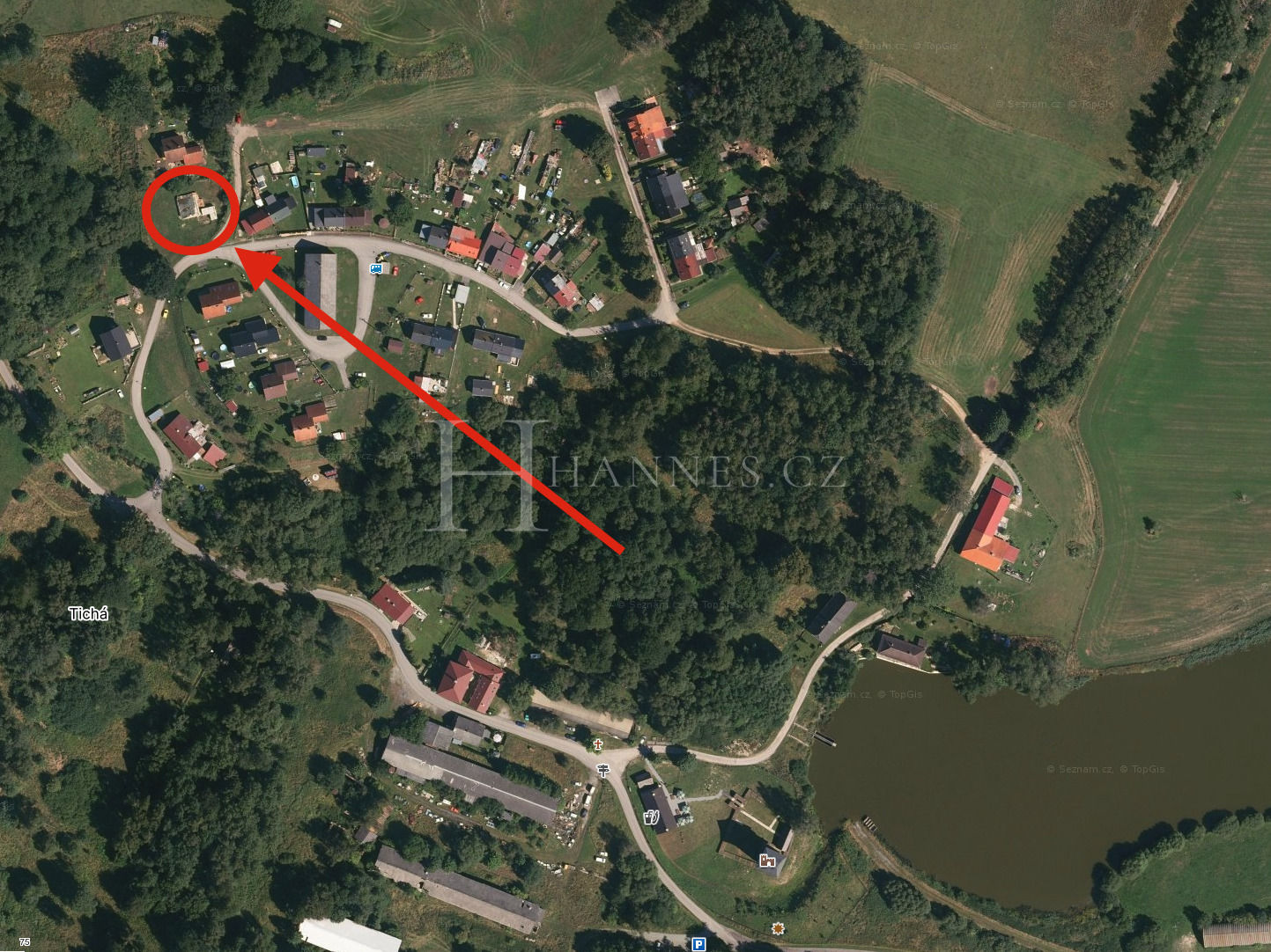 Prodej stav. pozemku, obec Tichá - Dolní Dvořiště, možnost stavět na stáv. půdorysu domu, nebo nově.