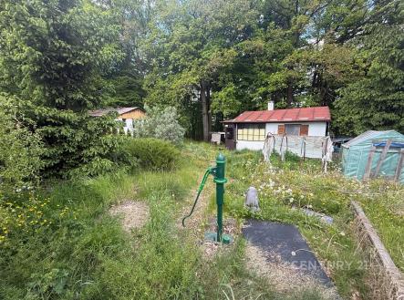 Zahrada s malou chatou a skleníkem, obklopena zelení a stromy. Přírodní prostředí, vhodné pro rekreaci. Klidná lokalita na venkově. | Prodej - chata/rekreační objekt, 31 m²