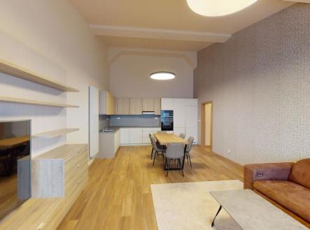 pohled na kuchyň s jídelním koutem | Prodej bytu, 4+kk, 100 m²