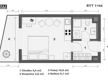 půdorys | Pronájem bytu, 1+kk, 31 m²