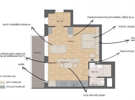 plánek bytu s vizualizací vybavení | Pronájem bytu, 1+kk, 47 m²