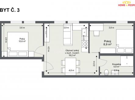 3 | Pronájem bytu, 3+kk, 44 m²