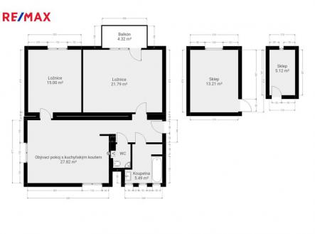 Půdorys bytu a sklepních kójí (okótovaný) | Prodej bytu, 3+kk, 72 m²
