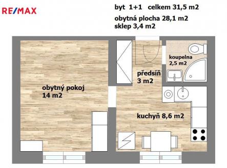půdorys bytu | Pronájem bytu, 1+1, 28 m²