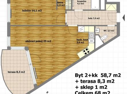 půdorys bytu | Pronájem bytu, 2+kk, 68 m²