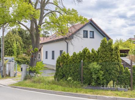 Exteriér rodinného domu s moderní fasádou, šikmou střechou a okny s rámy. Okolní zahrada je udržovaná s živým plotem a zastíněným příjezdem. | Prodej - dům/vila, 117 m²