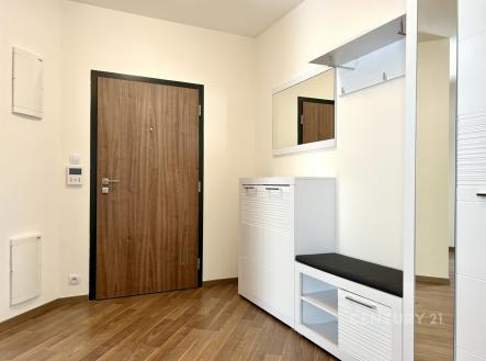 Vstupní hala s parketovou podlahou, moderní vestavěný nábytek a velkým zrcadlem, světlé neutrální stěny pro elegantní vzhled. | Pronájem bytu, 3+kk, 78 m²