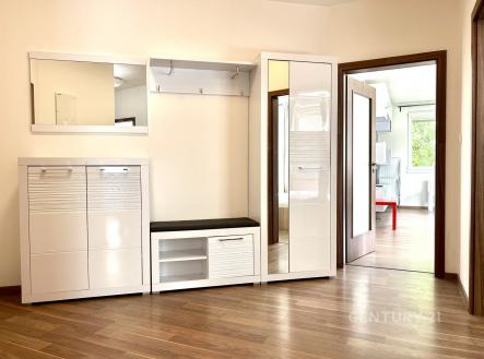 Předsíň se světlou parketovou podlahou, bílým vestavným nábytkem a velkým zrcadlem. | Pronájem bytu, 3+kk, 78 m²