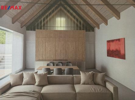 Vizualizace obývacího pokoje v zadní části domu s otevřeným prostorem a portálem do zahrady | Prodej - dům/vila, 210 m²