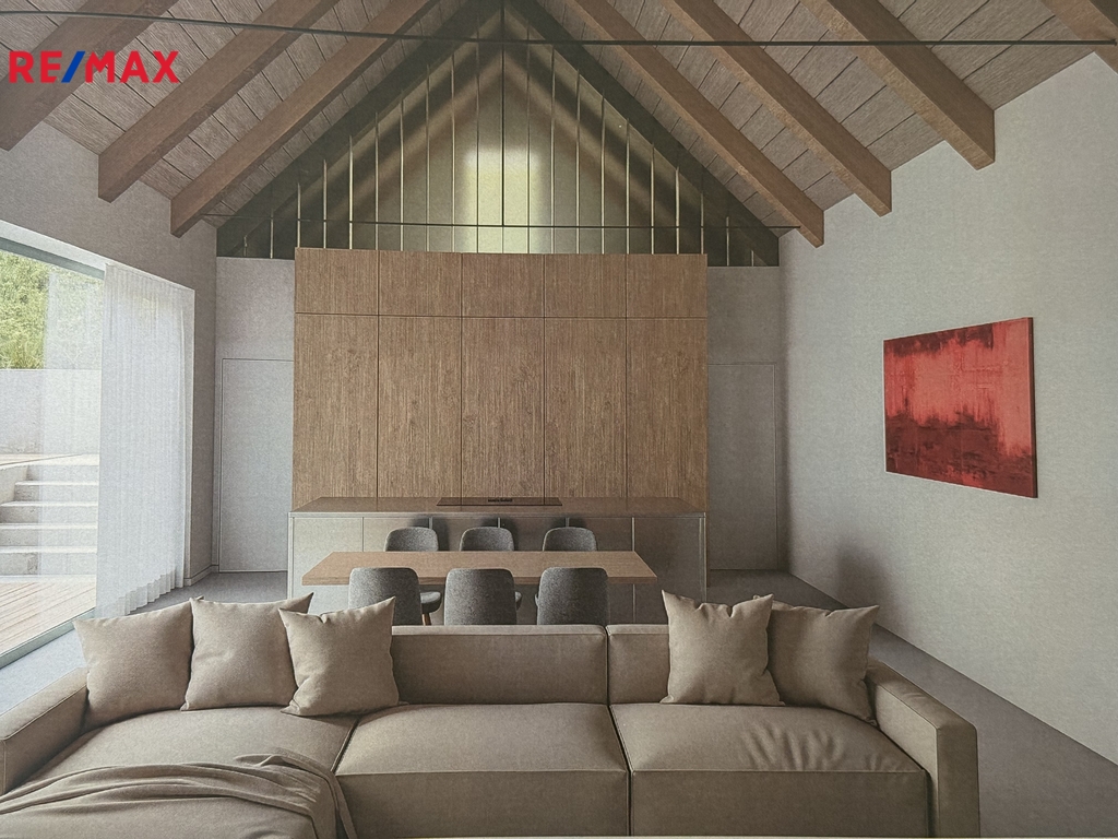 Vizualizace obývacího pokoje v zadní části domu s otevřeným prostorem a portálem do zahrady