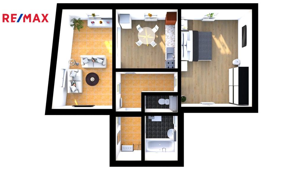 Půdorys bytu - pohled 3D - ilustrační vybavení bytu