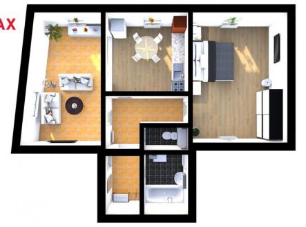 Půdorys bytu - pohled 3D - ilustrační vybavení bytu | Prodej bytu, 2+1, 66 m²